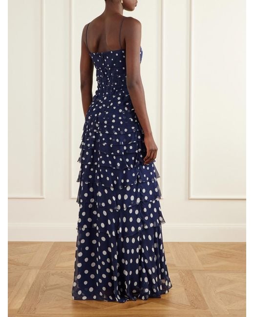 Saloni Blue Niki Polka-Dot Chiffon Gown
