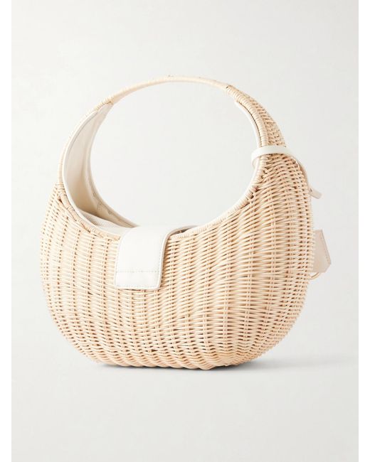 Roger Vivier Natural Embellished Leather-Trimmed Raffia Shoulder Bag