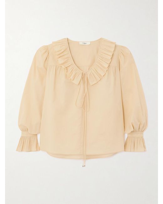 Chloé Natural Bluse Aus Baumwoll-Voile Mit Rüschen