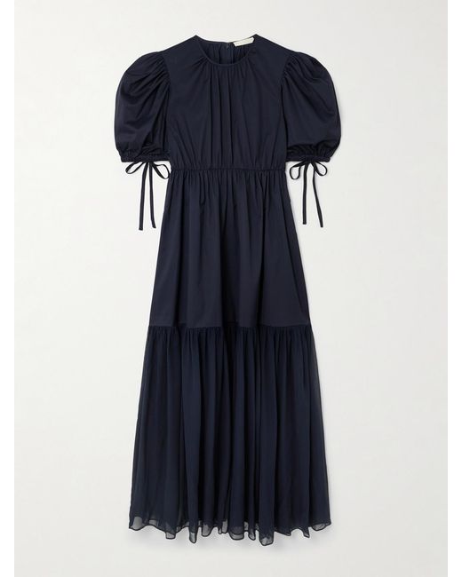 Ulla Johnson Blue Collage Gathered Cotton-Poplin And Silk-Georgette Midi Dress