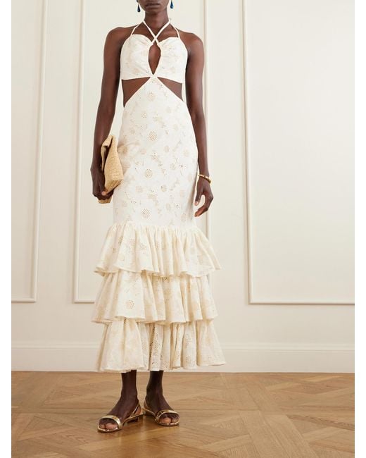Christiano Marchelli Natural Penelope Open-Back Cutout Ruffled Tiered Broderie Anglaise Cotton Maxi Dress