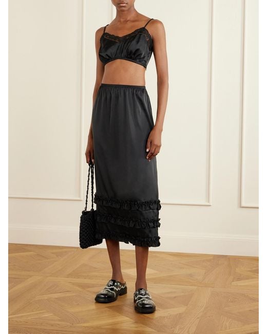 Simone Rocha Black Ruffled Satin Midi Skirt