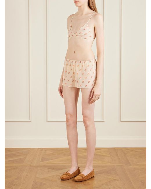 Khaite Natural Tilly Floral-Print Silk-Chiffon Shorts