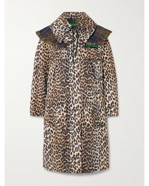 Barbour Ganni Hooded Ruffled Checked Leopard-Print Shell Parka | Lyst