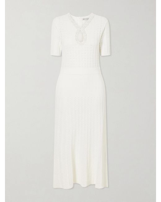 Rebecca Vallance White Embellished Crochet-Knit Midi Dress