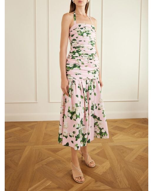 Carolina Herrera White Floral-Print Ruched Cotton-Blend Maxi Dress