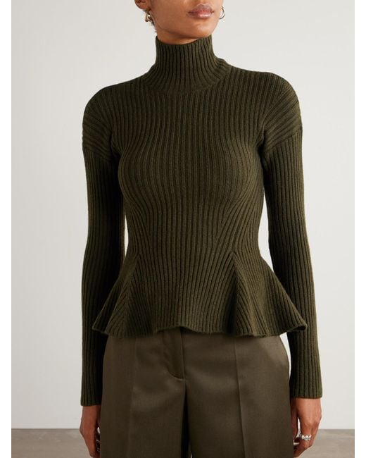 Max Mara Green Ribbed Wool-Blend Turtleneck Peplum Sweater