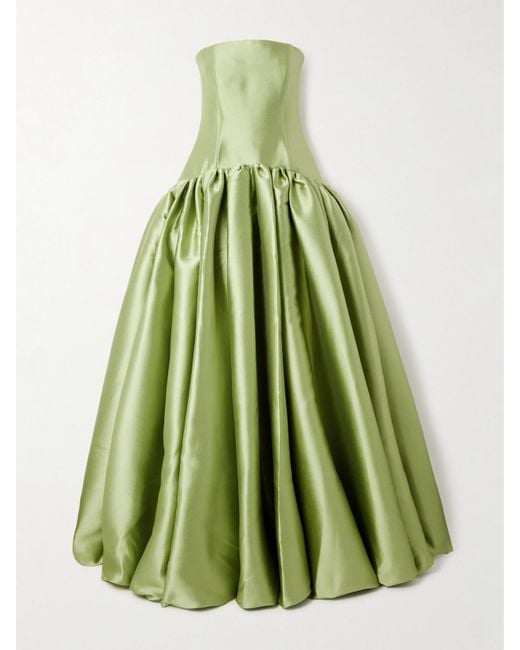 Solace London Green Cassia Strapless Pleated Satin-Twill Gown