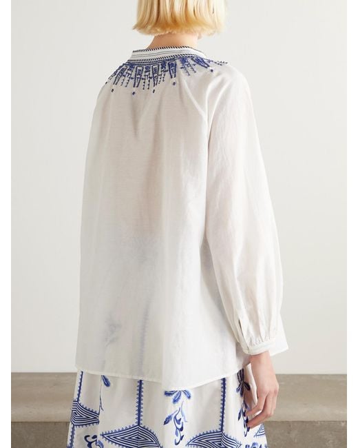 Emporio Sirenuse White Iliza Bluse Aus Einer Baumwoll-Seidenmischung Mit Stickereien Und Zierperlen