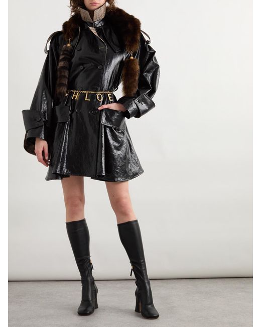 Chloé Black Wool-Blend Trimmed Coated-Linen Double-Breasted Coat