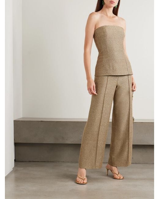 Emilia Wickstead Natural Daffy Pleated Sequined Metallic Tweed Wide-Leg Pants