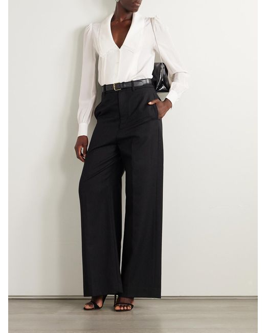 Alessandra Rich Natural Lace-Trimmed Pintucked Silk-Chiffon Blouse