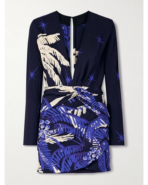 Johanna Ortiz Blue Gangaway Draped Printed Crepe Mini Dress