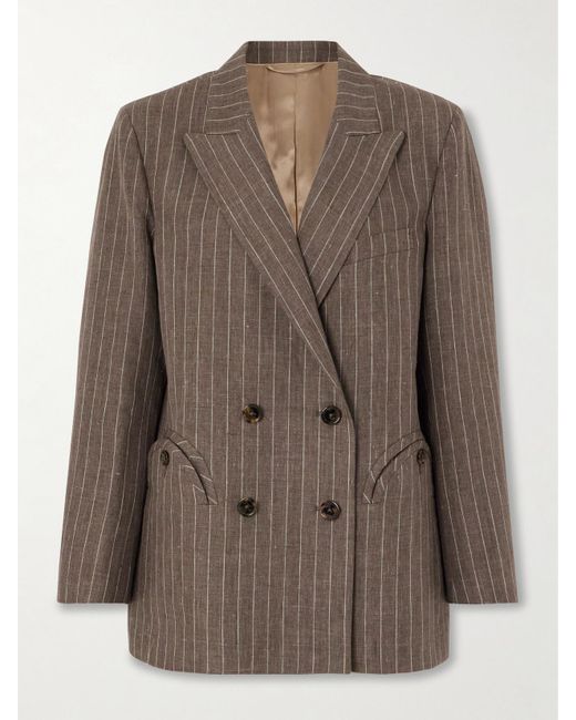 Blazé Milano Women's Brown Havana Everynight Double-Breasted Pinstriped Linen Blazer