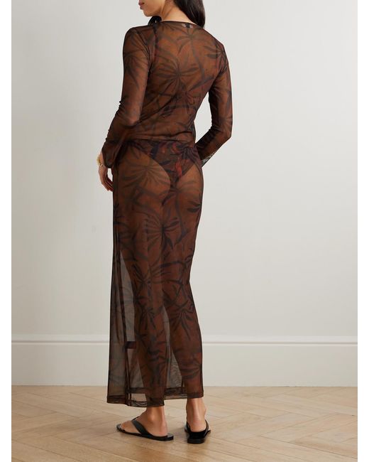 SARA CRISTINA Brown Marina Pearl-Embellished Printed Stretch-Tulle Coverup