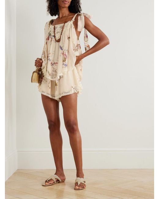 Zimmermann Natural Patience Lace-Trimmed Floral-Print Cotton And Silk-Blend Shorts