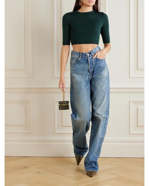 Saint Laurent Women's Green Cropped Wool Sweater