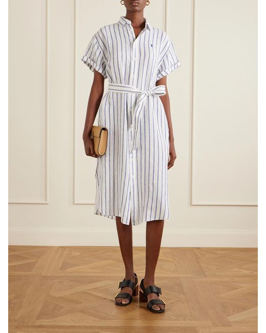 Polo Ralph Lauren Blue Belted Striped Linen Midi Dress