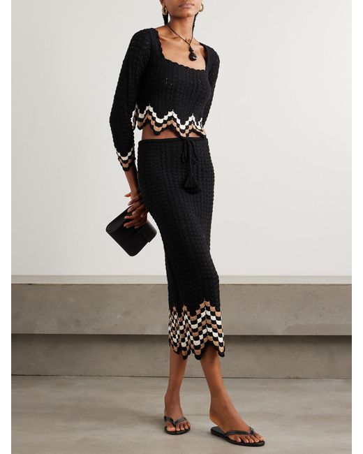 Escvdo Black Sumac Cropped Scalloped Crocheted Cotton Top