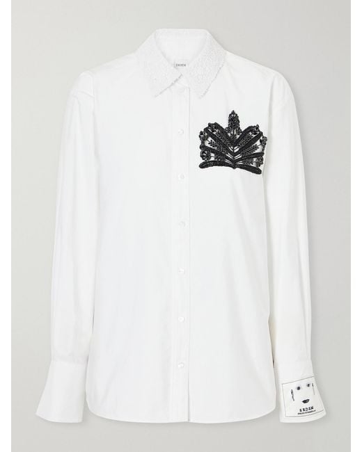 Erdem White Embellished Lace-Trimmed Organic Cotton-Poplin Shirt