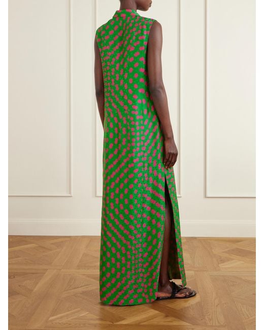 Dries Van Noten Green Polka-Dot Satin-Jacquard Long Coat