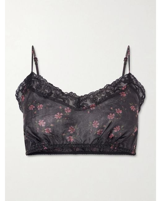 Simone Rocha Gray Cropped Lace-Trimmed Floral-Print Organza Top