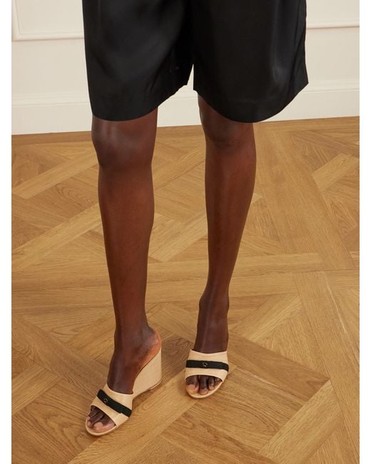 Gianvito Rossi Natural 85 Grosgrain-Trimmed Raffia Wedge Mules