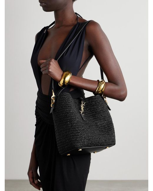Saint Laurent Black Le 37 Leather-Trimmed Raffia Bucket Bag