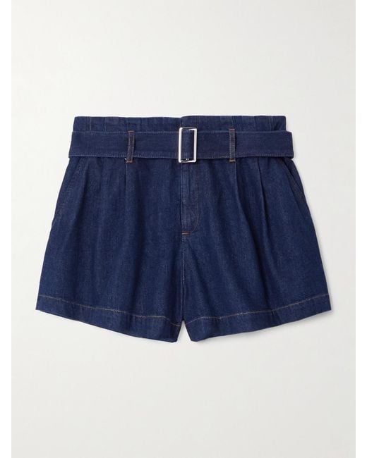 FRAME Blue The Paper Bag Belted Pleated Denim Shorts