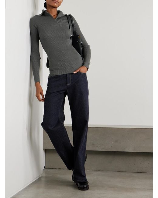 Brunello Cucinelli Gray Ribbed Metallic Cashmere And Silk-Blend Top