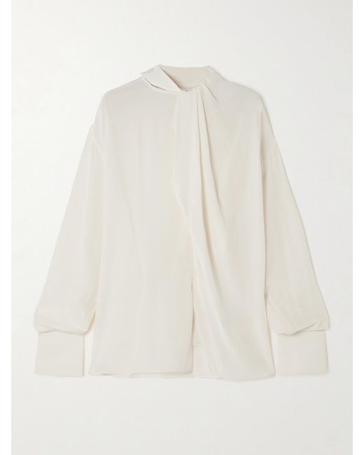 Victoria Beckham White Asymmetric Draped Silk Blouse