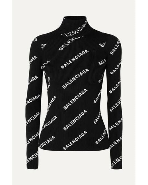 Balenciaga Open-back Printed Ribbed-knit Turtleneck Top in Black | Lyst UK
