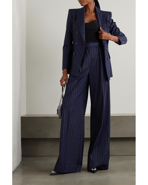 Alex Perry Blue Pleated Metallic Pinstriped Twill Wide-Leg Pants