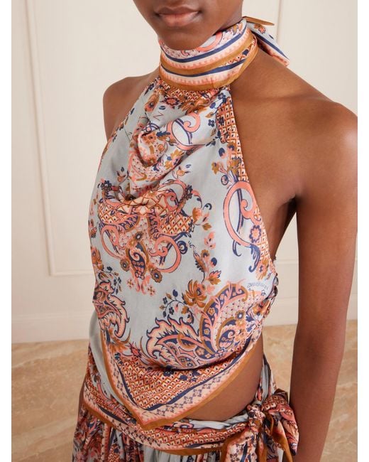 Zimmermann Pink Aster Floral-Print Silk-Satin Halterneck Top