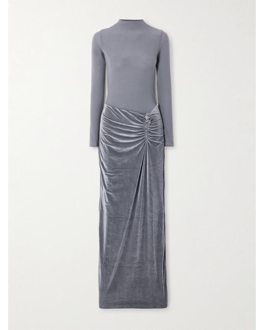 Maygel Coronel Gray Borelli Appliquéd Gathered Open-Back Jersey-Trimmed Velvet Maxi Dress
