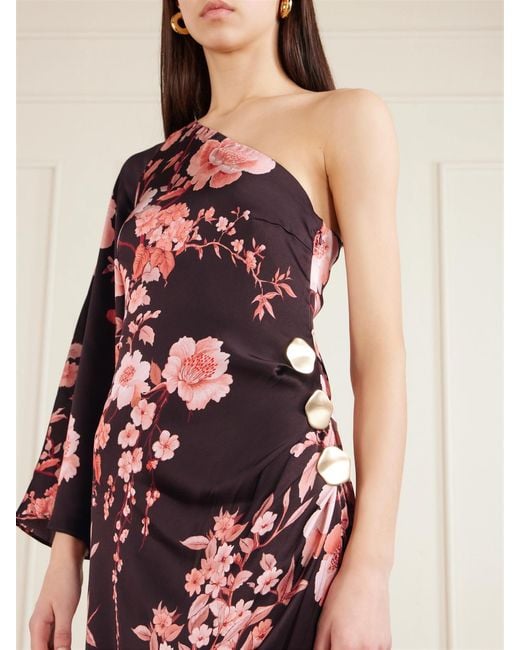 Borgo De Nor White Atlantis One-Sleeve Embellished Printed Satin Midi Dress