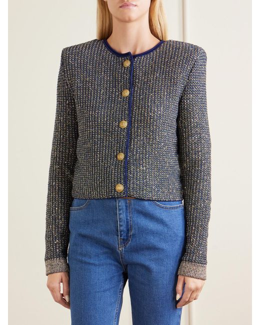 Balmain Blue Metallic-Trimmed Tweed Cardigan