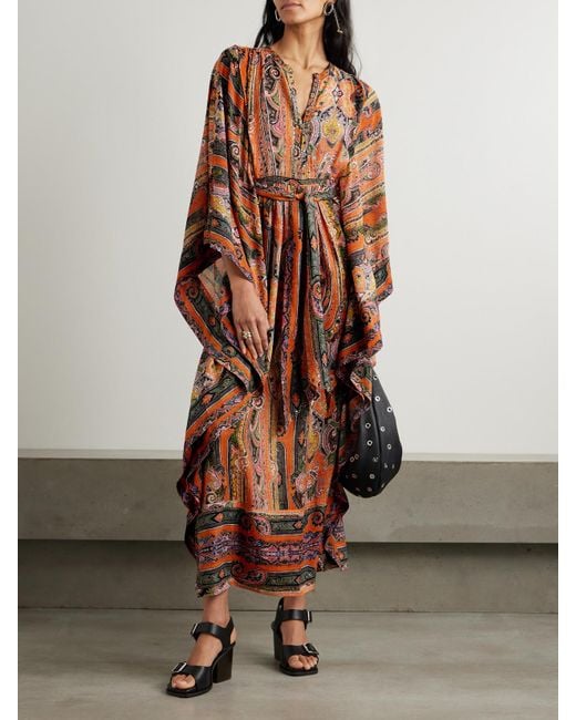 Robe Longue En Voile De Soie Imprimé À Ornements Et À Ceinture Melinda Isabel Marant en coloris Brown