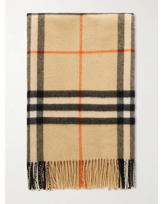 Burberry Natural Fringed Checked Cashmere Scarf