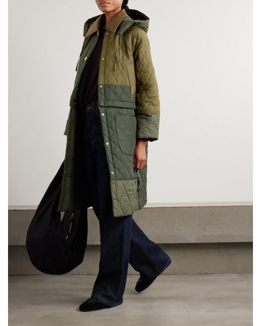 Barbour Green Lilian Hooded Convertible Corduroy-Trimmed Quilted Recycled-Shell Coat