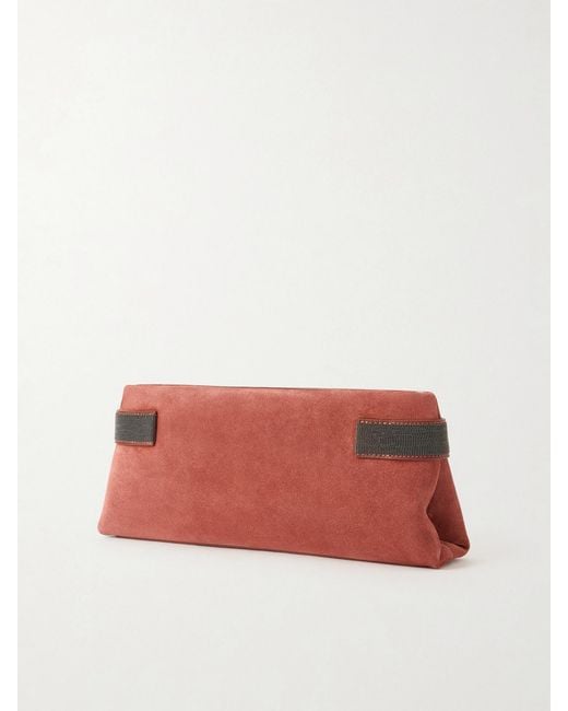 Brunello Cucinelli Pink Essence Bead-Embellished Leather-Trimmed Suede Clutch