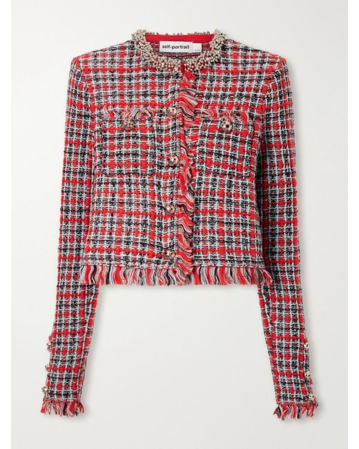 Self-Portrait Red Embellished Cotton And Wool-Blend Bouclé-Knit Frayed Jacket