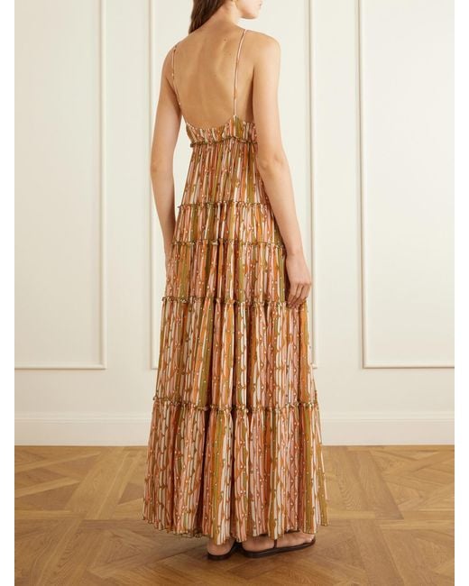 LaDoubleJ Natural Nymph Printed Ruffled Mesh Maxi Dress