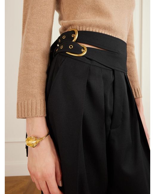 Chloé Black Buckled Cutout Grain De Poudre Wool Tapered Pants