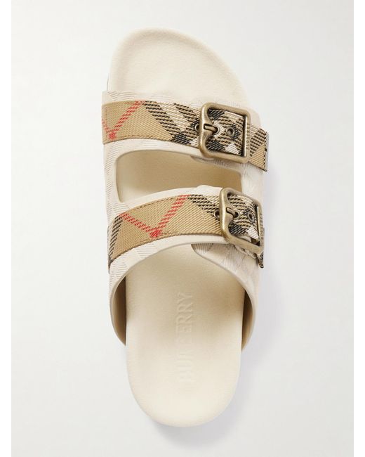 Burberry White Checked Canvas Jacquard-Trimmed Suede Sandals