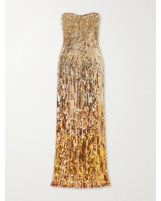 Jenny Packham Metallic Cesonia Strapless Sequined Chiffon Gown
