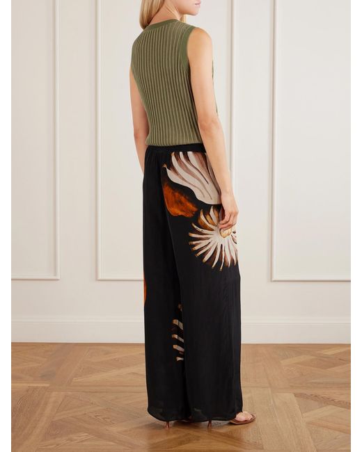 Farm Rio Black Ammonite Printed Embellished Habotai Wide-Leg Pants