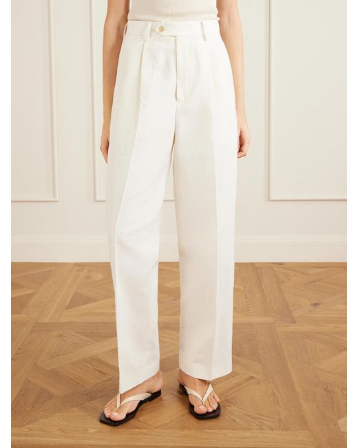 Auralee White Pleated Wool, Cotton And Linen-Blend Oxford Wide-Leg Pants