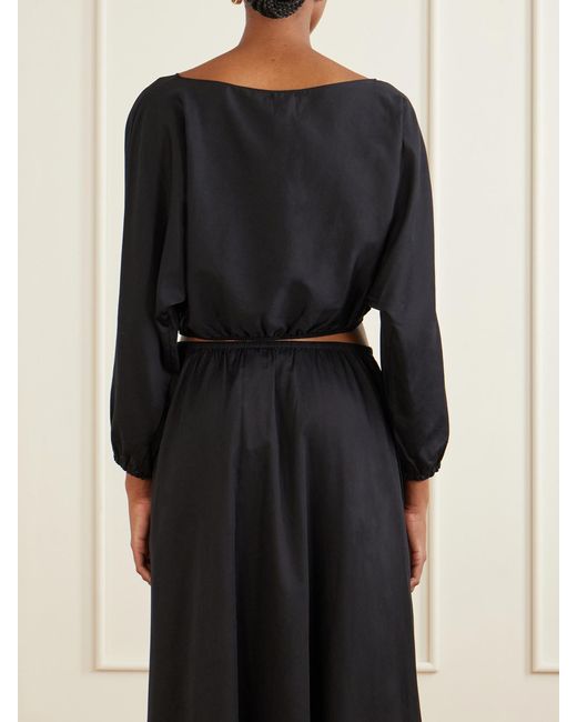 Leset Black Yoko Cropped Gathered Cotton-Poplin Top