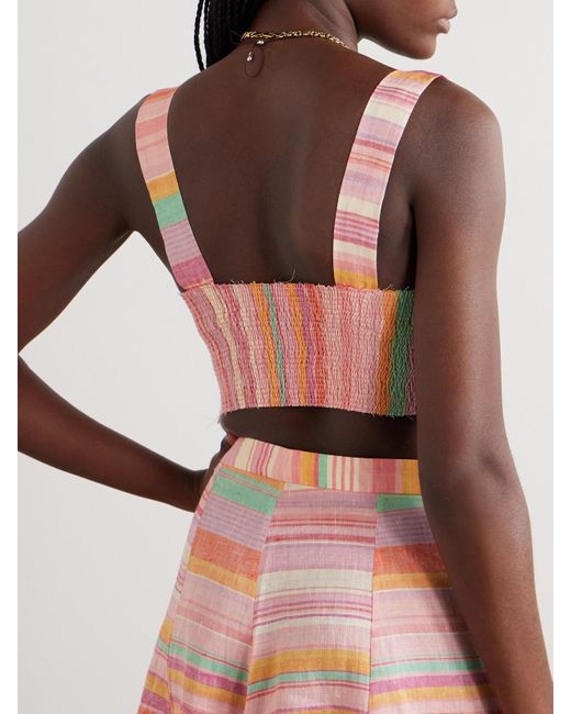 Emporio Sirenuse Pink Dalia Bustier Aus Gestreiftem Leinen Mit Biesen Und Fransen